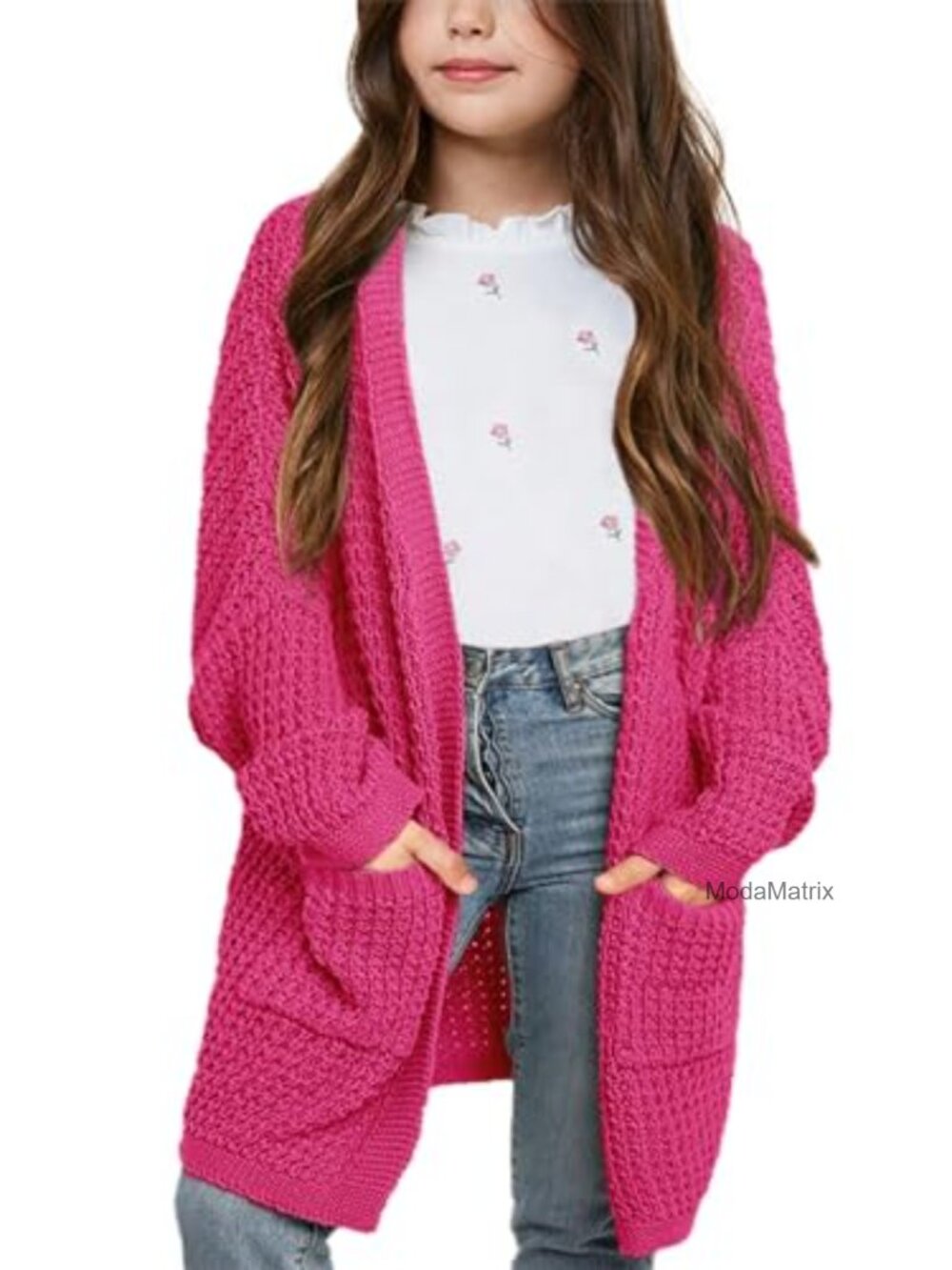 Girls Chunky Knit Cardigan Open Front Long Bat Sleeve Casual